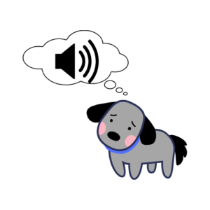 A gray and black dog with noise anxiety thinks of loud sounds in a thought bubble