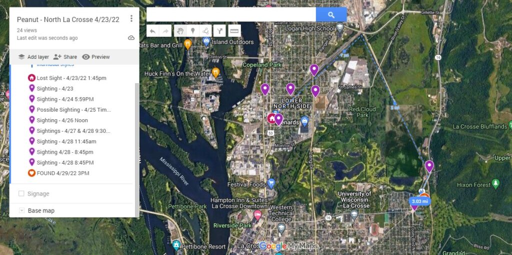 Google Custom Map with Sighting Locations in Purple