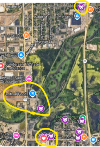 Map showing Dunkin Donuts, La Crosse River and Office Trap